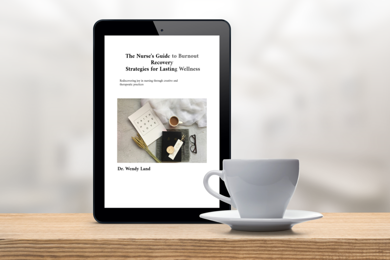 An e-book titled "The Nurse's Guide to Burnout Recovery: Strategies for Lasting Wellness" displayed on a tablet, with a cup of coffee on a saucer placed on a wooden surface.