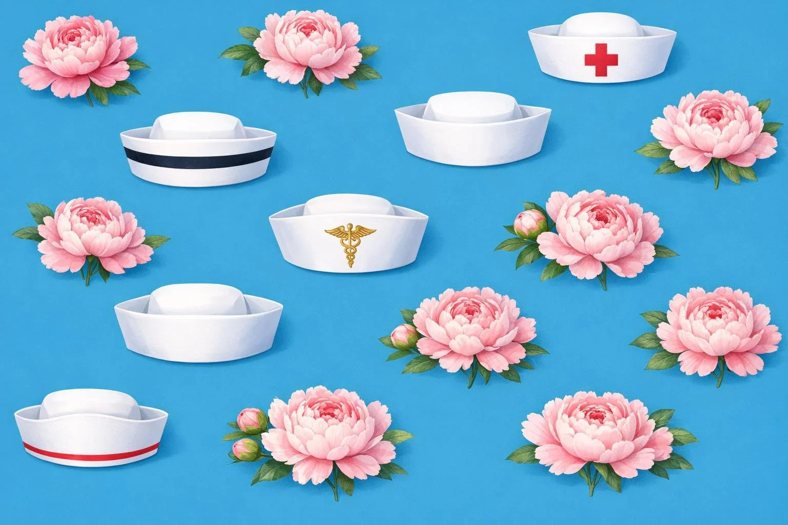 Pink peony flowers and white sailor hats with medical symbols on blue background.