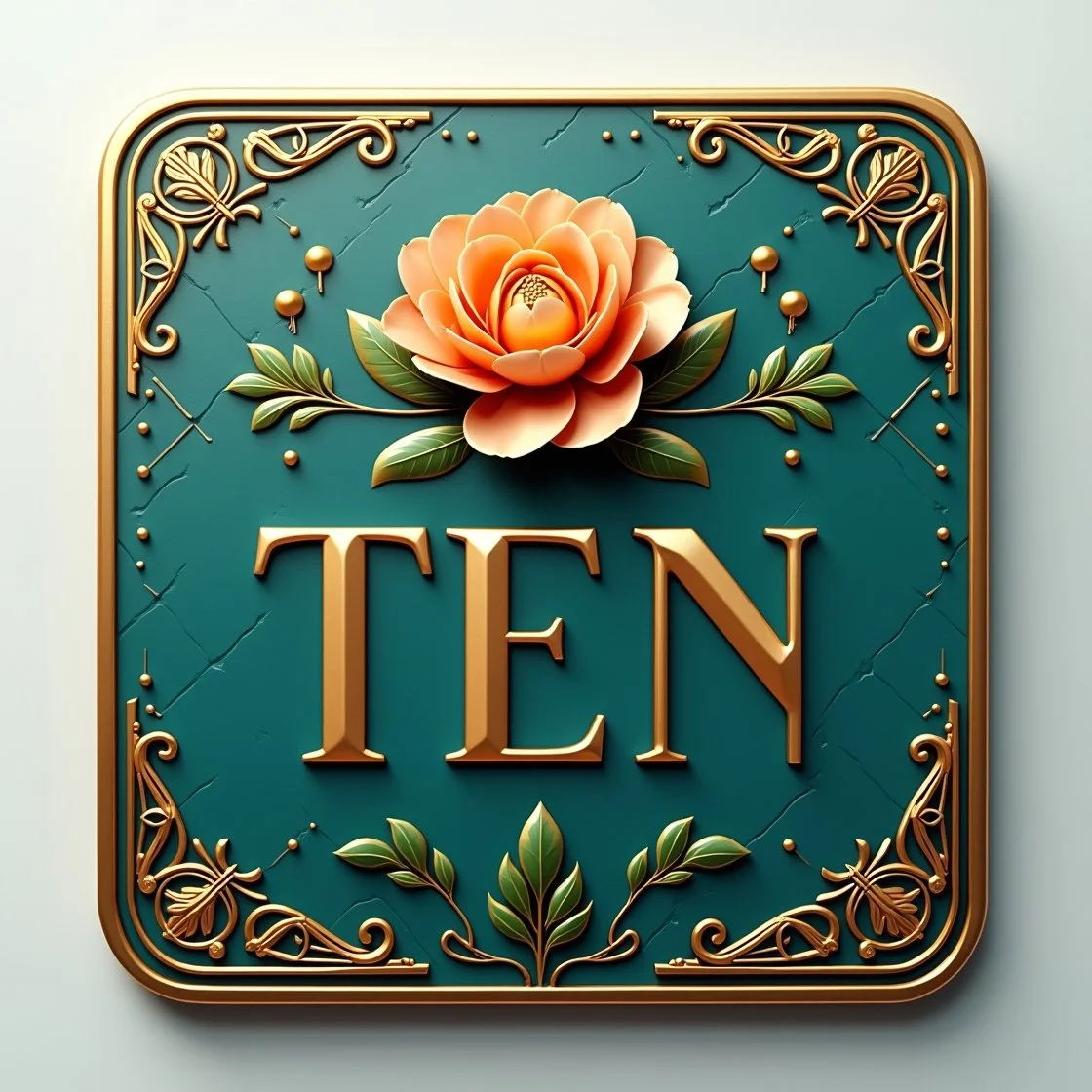 Ornate sign with a large pink flower and green leaves at the top, the word 'TEN' in gold letters, decorative gold border and corner embellishments, teal background with a cracked texture.