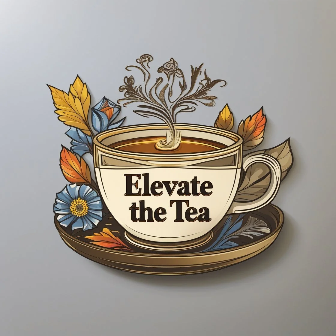Decorative wall art of a coffee cup with steam rising, surrounded by colorful leaves and blue flowers, with the text "Elevate the Tea" on the cup.