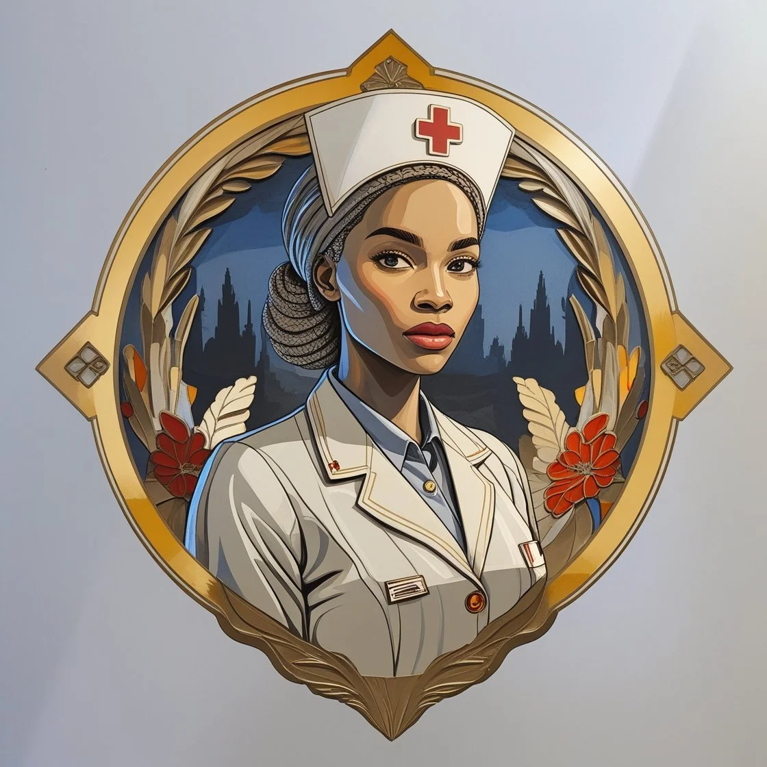 Digital artwork of a young woman nurse wearing a white uniform and nurse's hat with a red cross, framed by a decorative gold border with flowers and leaves, against a cityscape background.