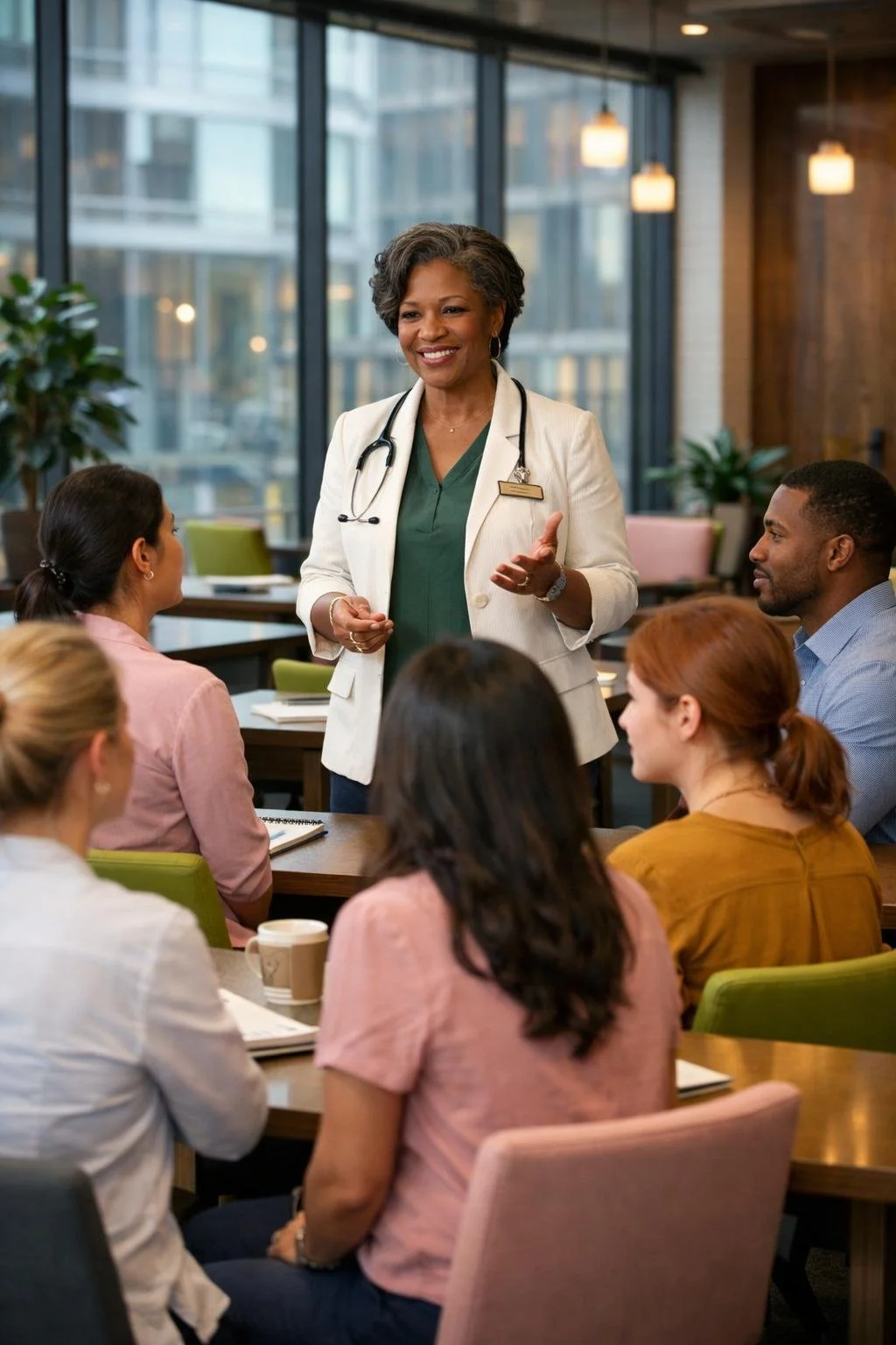 A female doctor in a white coat with a stethoscope around her neck leading a discussion with a group of diverse women and a man in a modern office or conference room with large windows and plants.