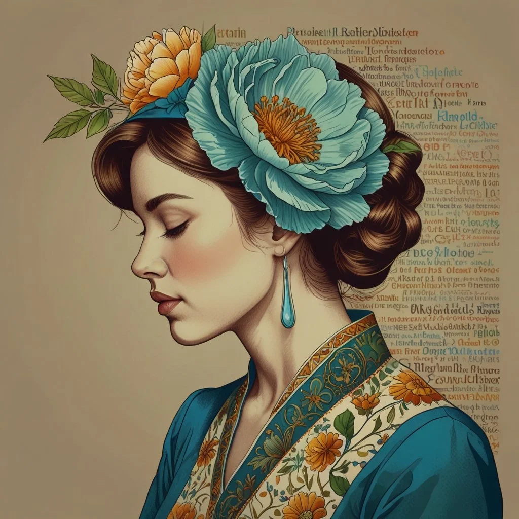 A woman with closed eyes, styled brown hair adorned with large blue and orange flowers, wearing blue earrings and a traditional garment with a floral pattern.