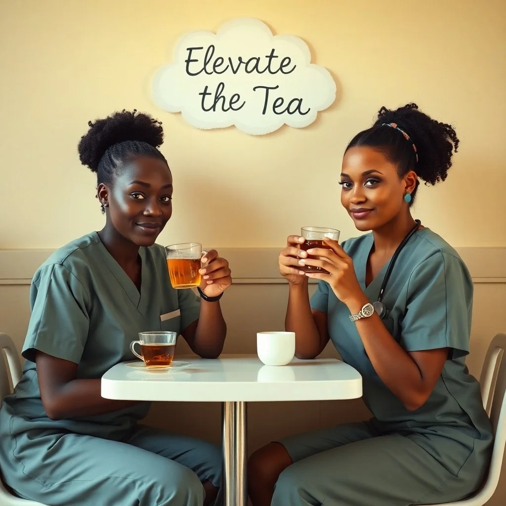 Two women in medical scrubs sitting at a table, holding cups of tea, in a room with a sign that says 'Elevate the Tea' behind them.