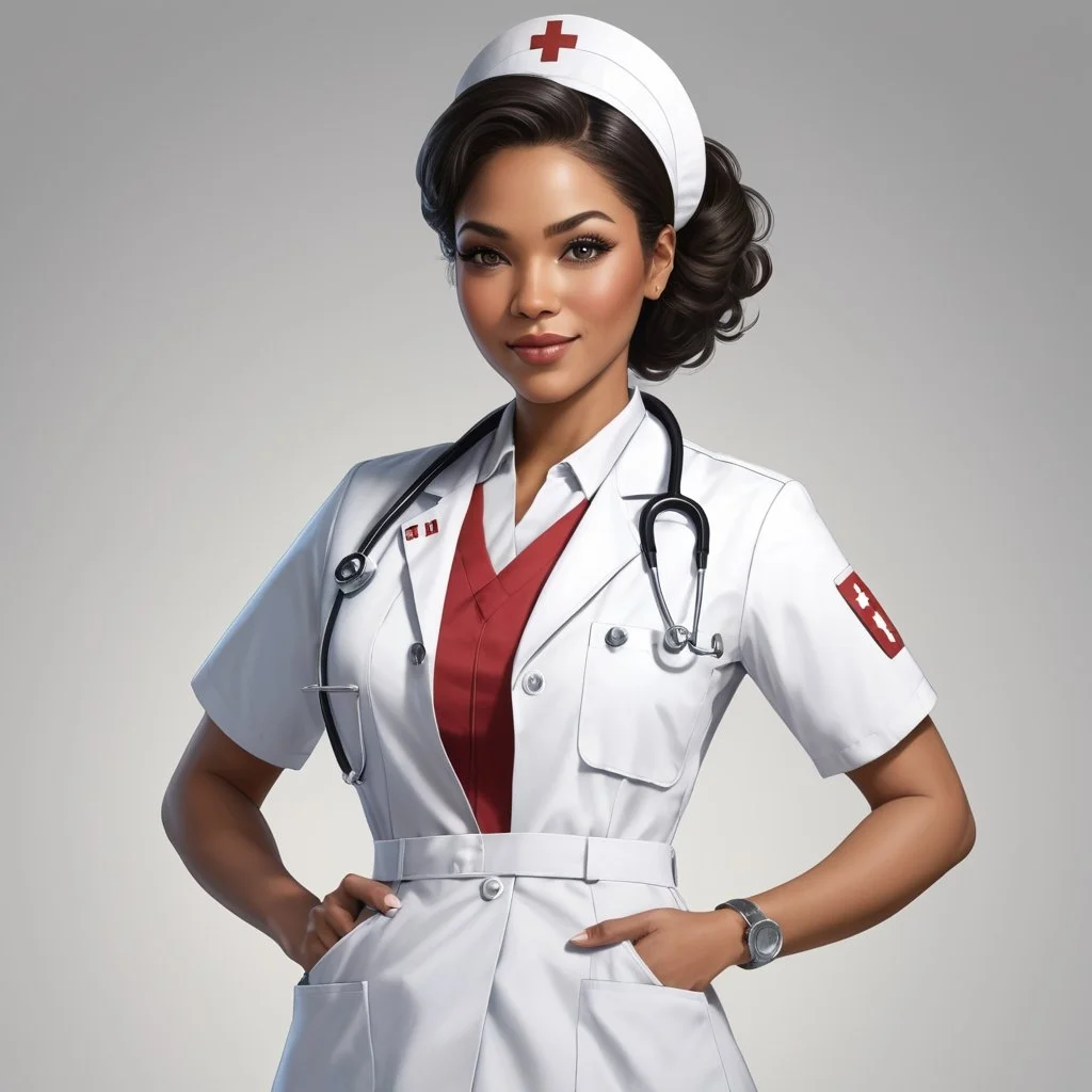 A confident female nurse with dark hair, wearing a white medical coat with a stethoscope around her neck, a nurse's cap with a red cross, and a watch, standing with her hand on her hip against a plain background.