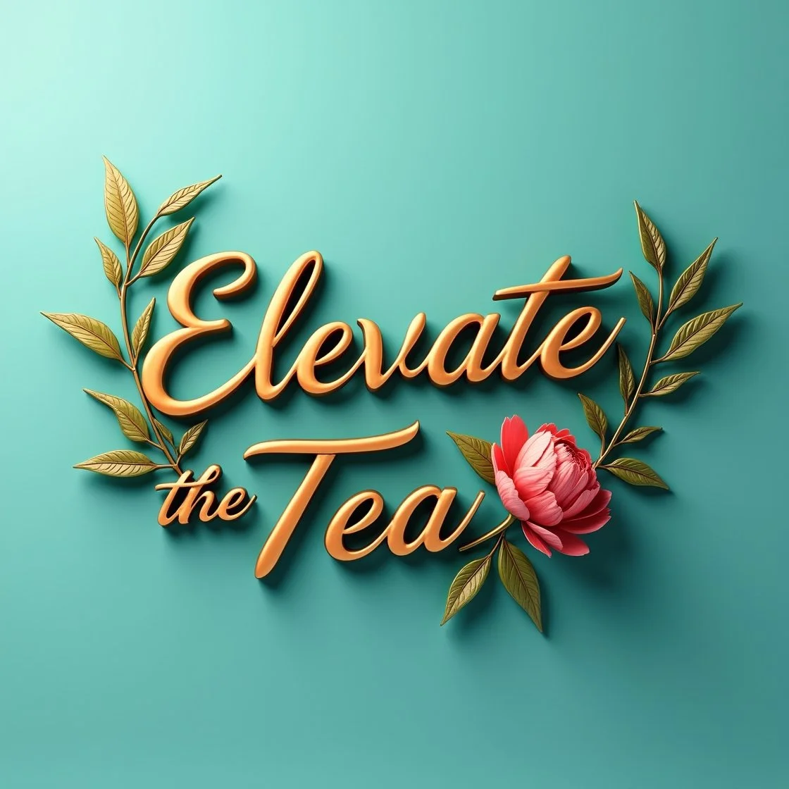 Decorative sign that says 'Elevate the Tea' with gold lettering, surrounded by green leaves and a pink peony flower on a teal background.