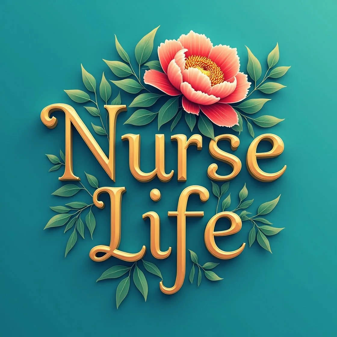 Decorative graphic with the words 'Nurse Life' in gold lettering, accompanied by a large pink flower and green leaves on a teal background.