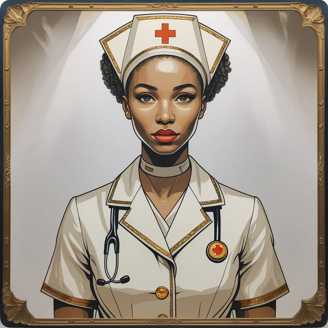 Digital illustration of a female nurse with dark curly hair wearing a white nurse's uniform, a nurse's cap with a red cross, and a stethoscope around her neck. She's looking confidently at the viewer with a serious expression.