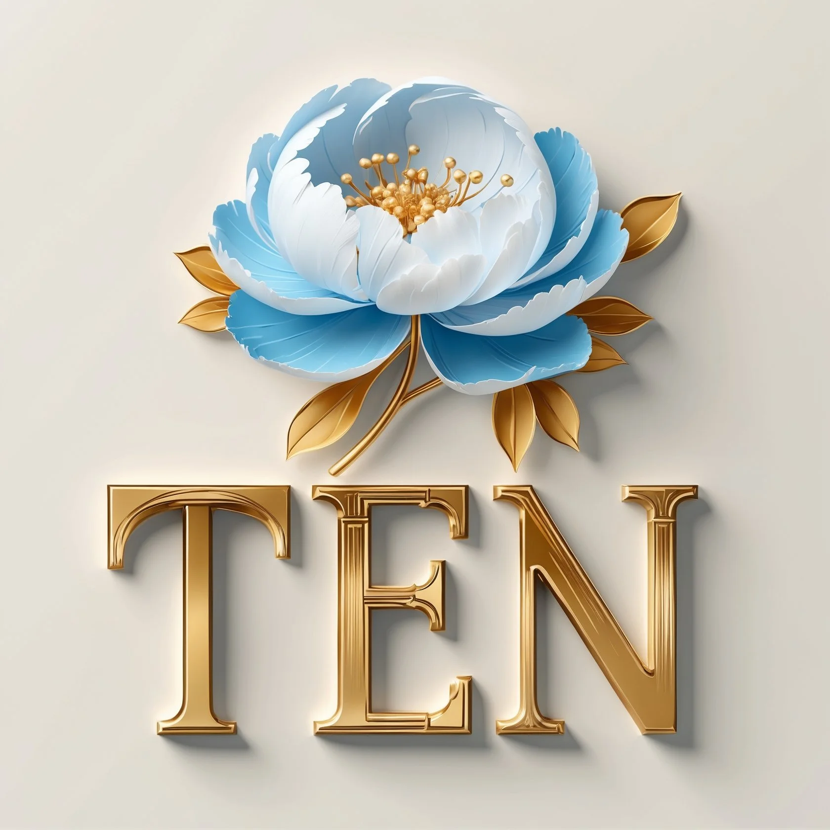 A decorative 3D artwork featuring a light blue and white flower with golden accents, partially covering the gold metallic letter 'N' against a neutral background.