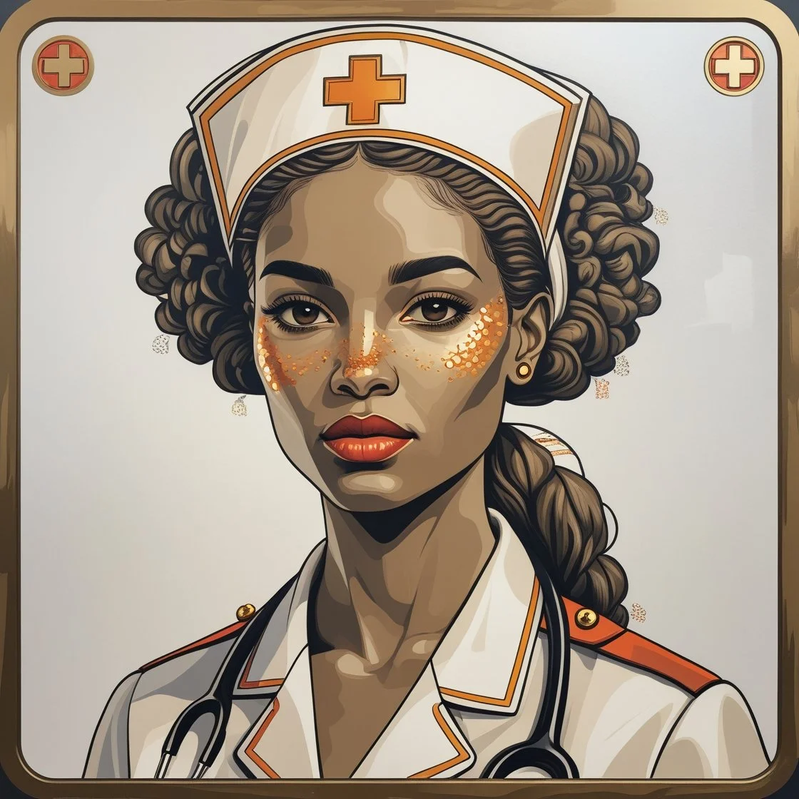 Digital illustration of a female nurse in uniform with stethoscope, wearing a nurse's cap with red cross, showing a confident expression.