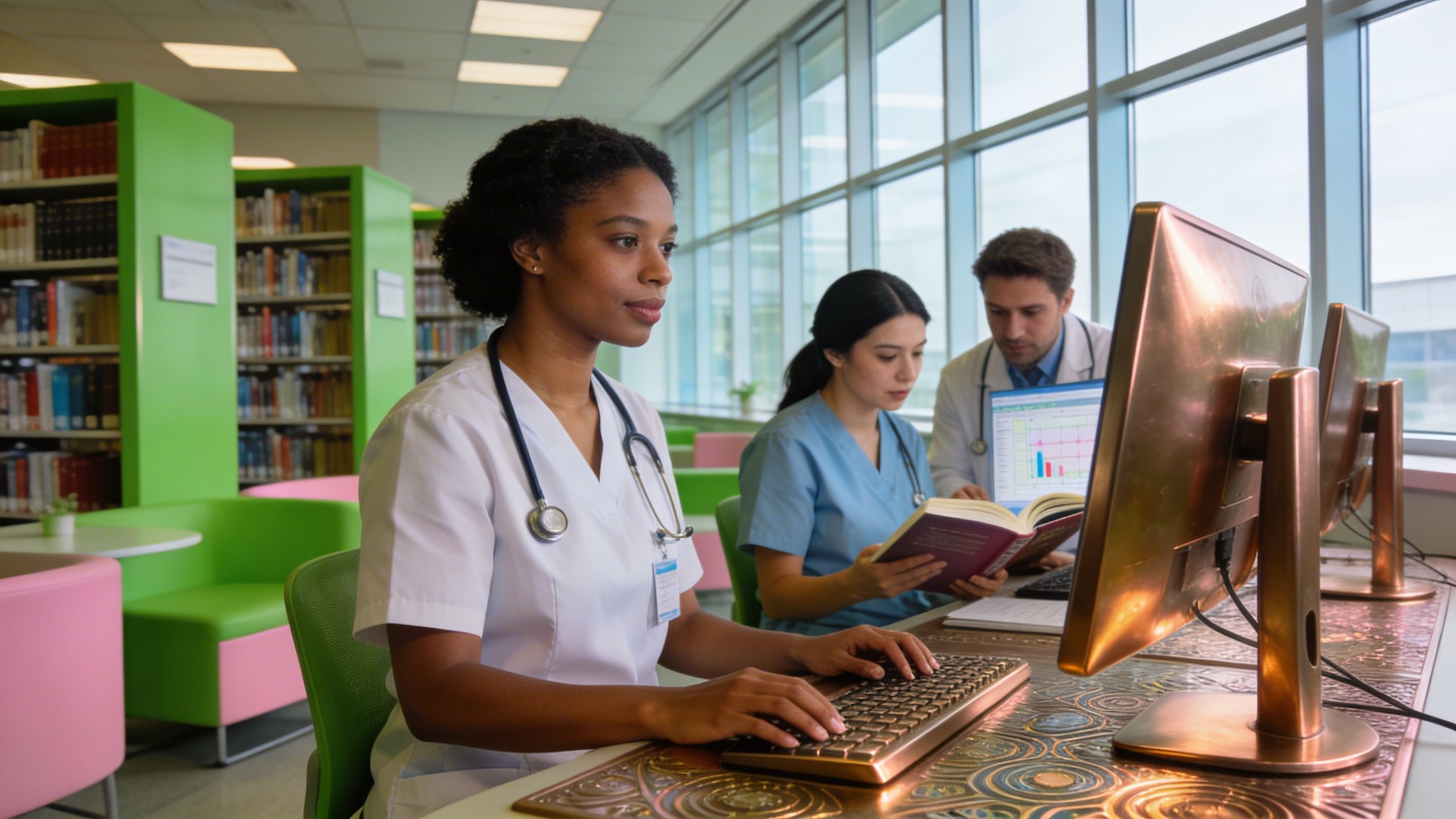Three healthcare workers working on computers in a library or study area with large windows and green and pink furniture.