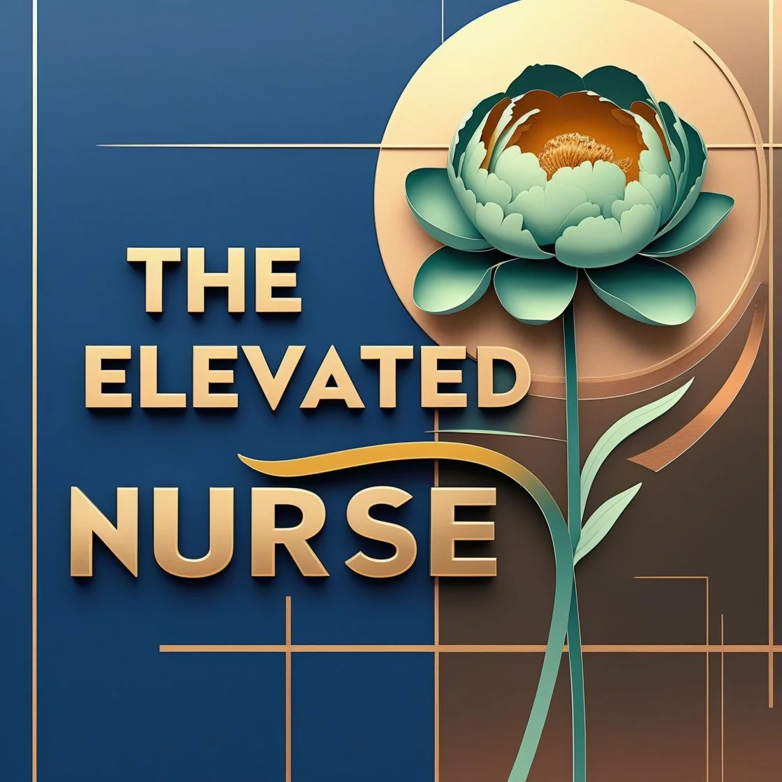 Digital artwork with the words 'The Elevated Nurse' beside a stylized lotus flower on a geometric background.