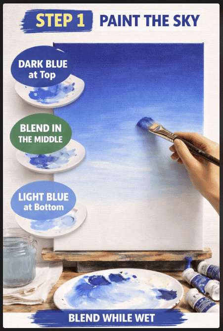 step one of how to paint clouds