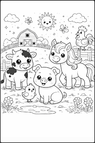 Cartoon Farm Animals Coloring Page