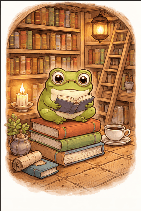 Frog Reading in a Tiny Library