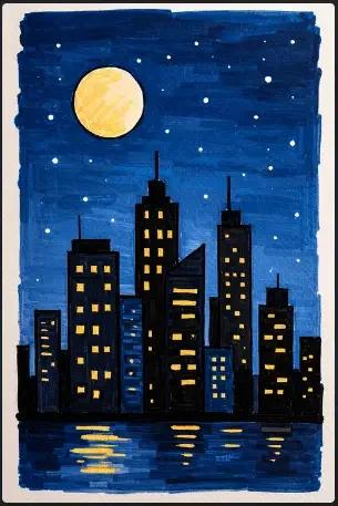 City Skyline at Night Arcylic Drawing