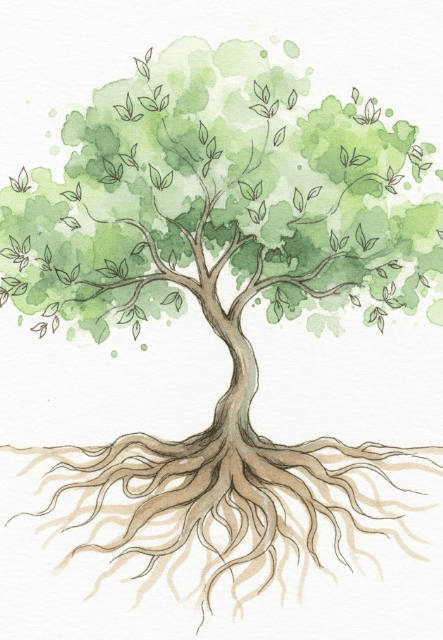watercolor sketch of tree with roots