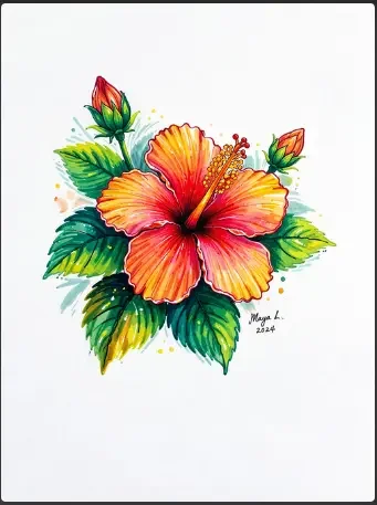 Colored Hibiscus Drawing with Markers