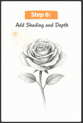 step six of drawing a rose