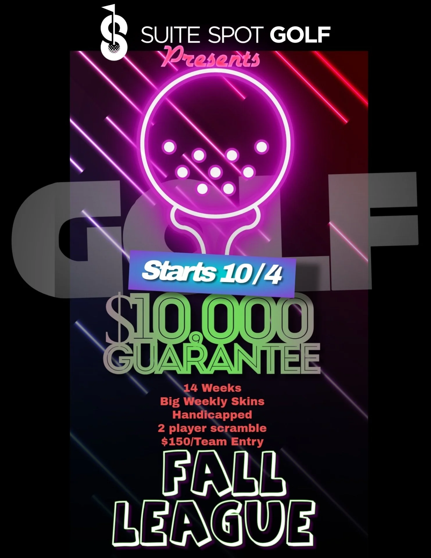 A neon sign advertisement for a fall league golf tournament with a glowing golf ball and text about the event details, including start date, prize guarantee, and rules.