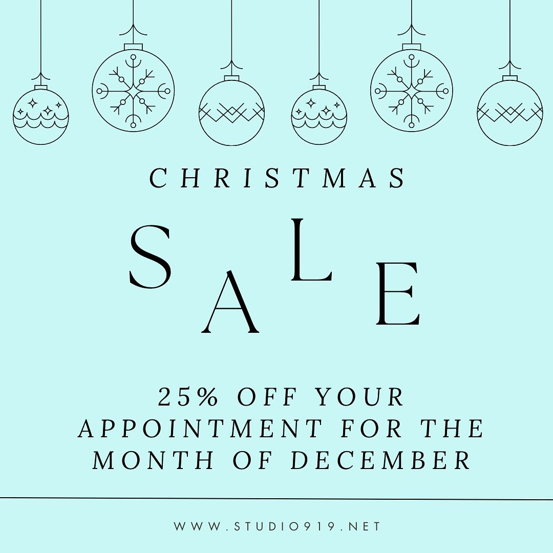 A Christmas Gift from Studio 919 🎁 Merry Early Christmas 919 Babes 🎄
&bull;
Terms and Conditions Apply. Offer ONLY valid from 12/01/2024 - 12/31/2024 for December Appointments. Limit one coupon per transaction and per customer. Cannot be combined w