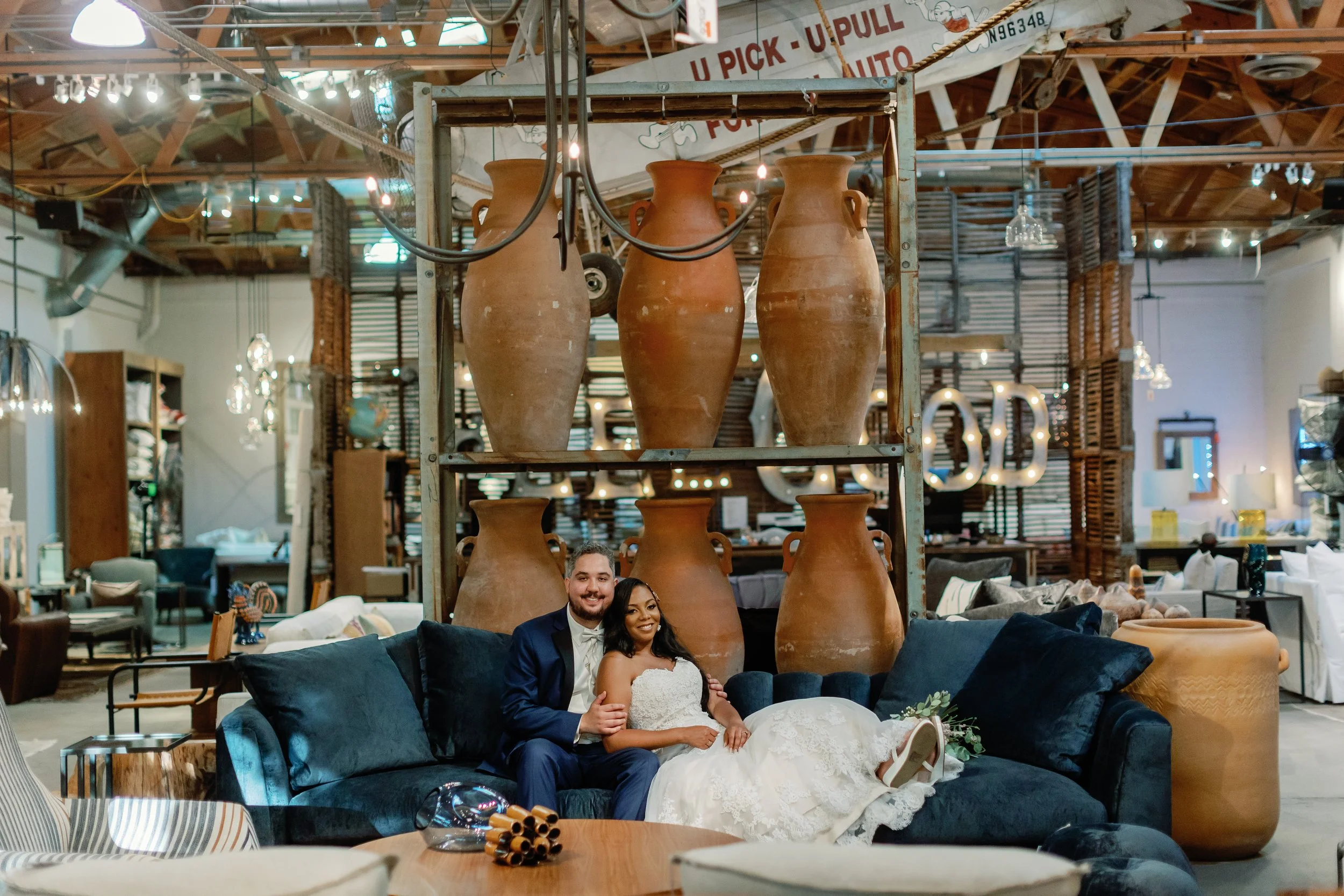 An eclectic Los Angeles boho industrial wedding in a furniture store 