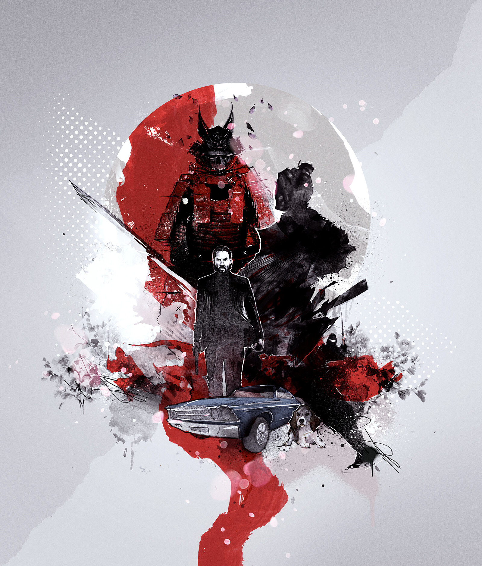 Artistic collage of a man in a suit with a red samurai behind, vintage car, and dog, with abstract splashes of red and black.