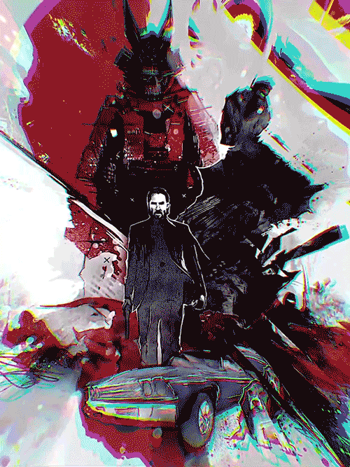 Abstract art featuring a man in a suit standing in front of a car with surreal elements and vibrant colors, including a samurai figure and horse-like forms in the background.