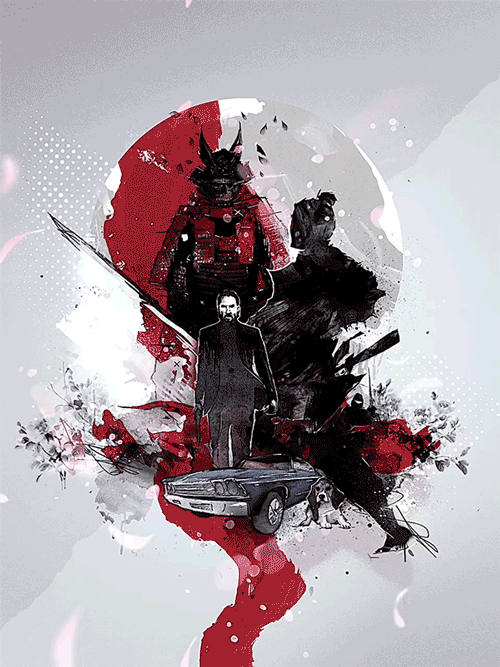 Abstract artwork featuring a central figure in a suit surrounded by a samurai, shadows, a car, and a dog. The background includes brushstrokes in red and black, creating a dynamic composition.