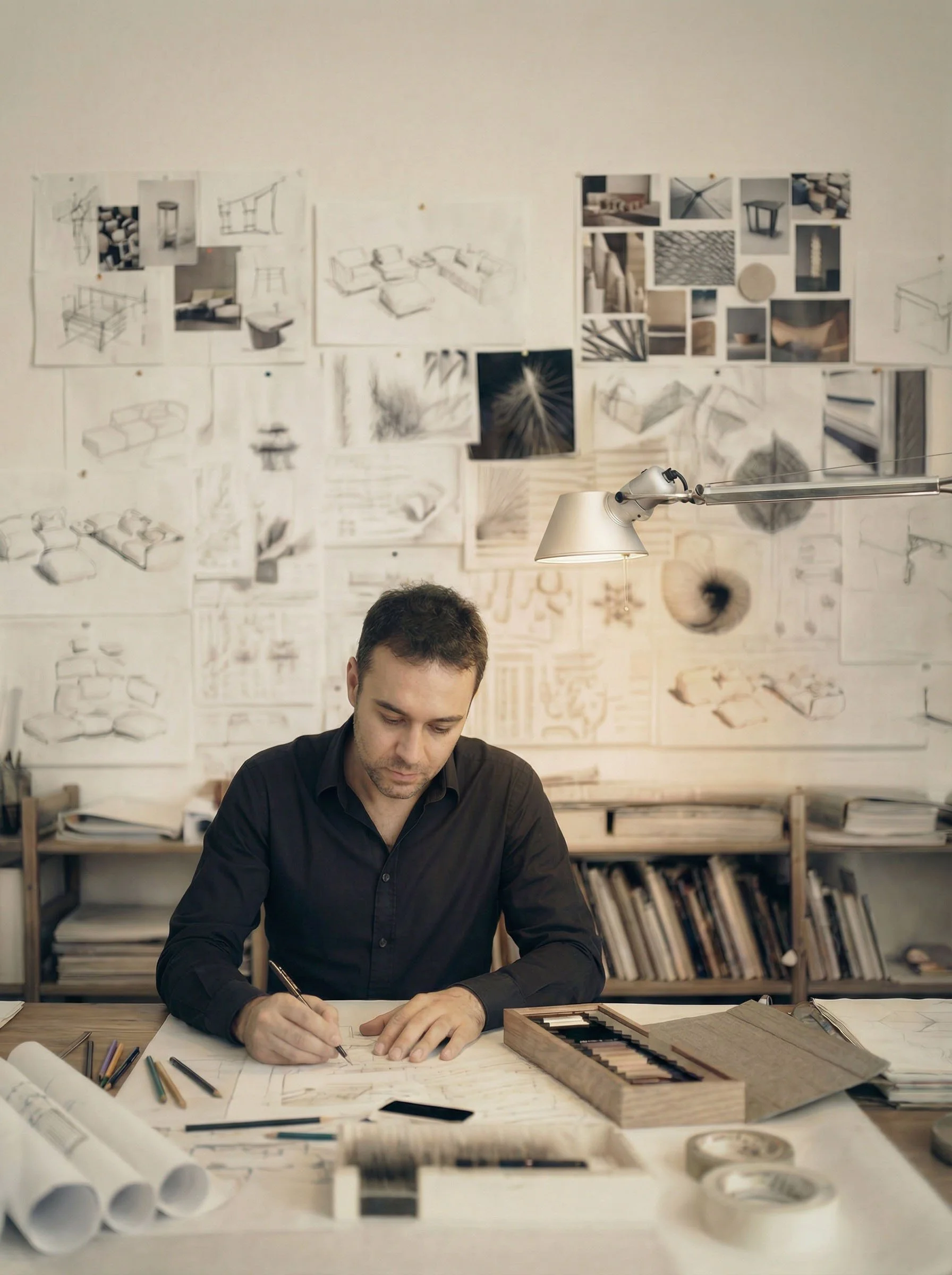 An architect working at a desk covered with drawing tools and blueprints, with design sketches and mood boards on the wall in the background.