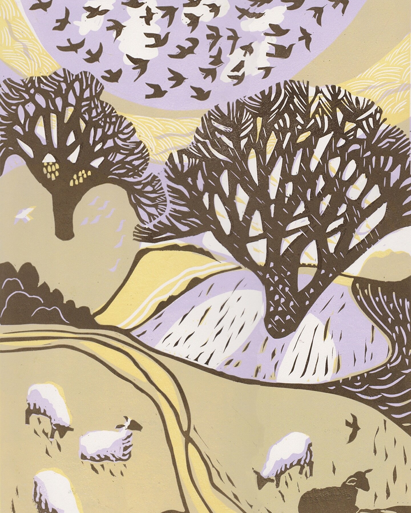 Second of the linocut prints that I have entered for @livingstonestives such a fitting one for today. Here on Exmoor the trees are still bare so there is that quiet beauty in the tree shapes and flocking birds. This print called Murmuration is availa