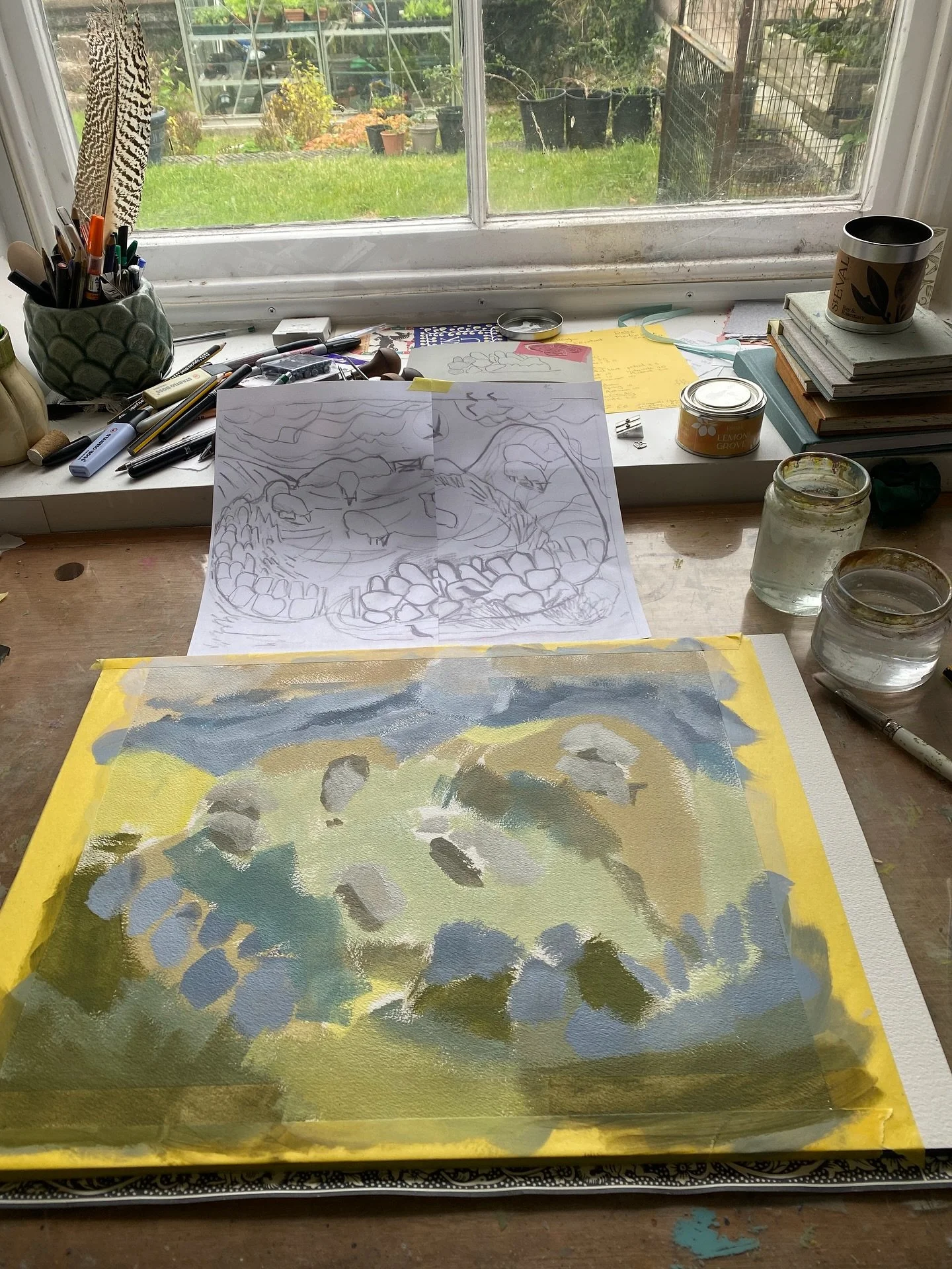 On my desk today the start of a new painting sketch. I started this design for print then felt I would really enjoy to paint it too. I hope you all have space for creativity in your life too 💚

#lunanorthartist #devonartist #devonpainting #landscape