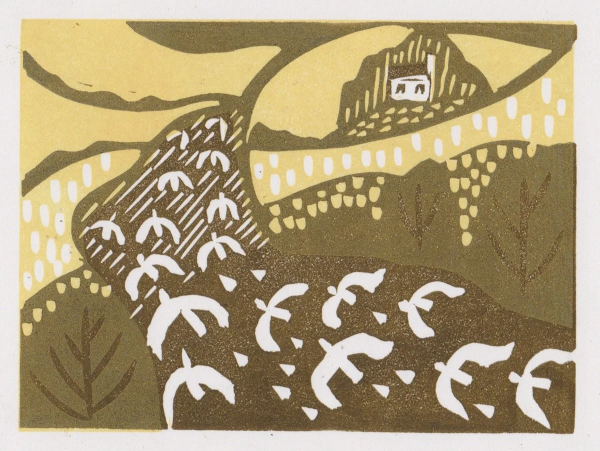 A print from a couple of years ago on just such a day as today. The pigeons and the visiting fieldfares swoop through the moor. These last couple of days in the sun on Exmoor have been so pure and vibrant. 
I am so excited today to be visiting my bro