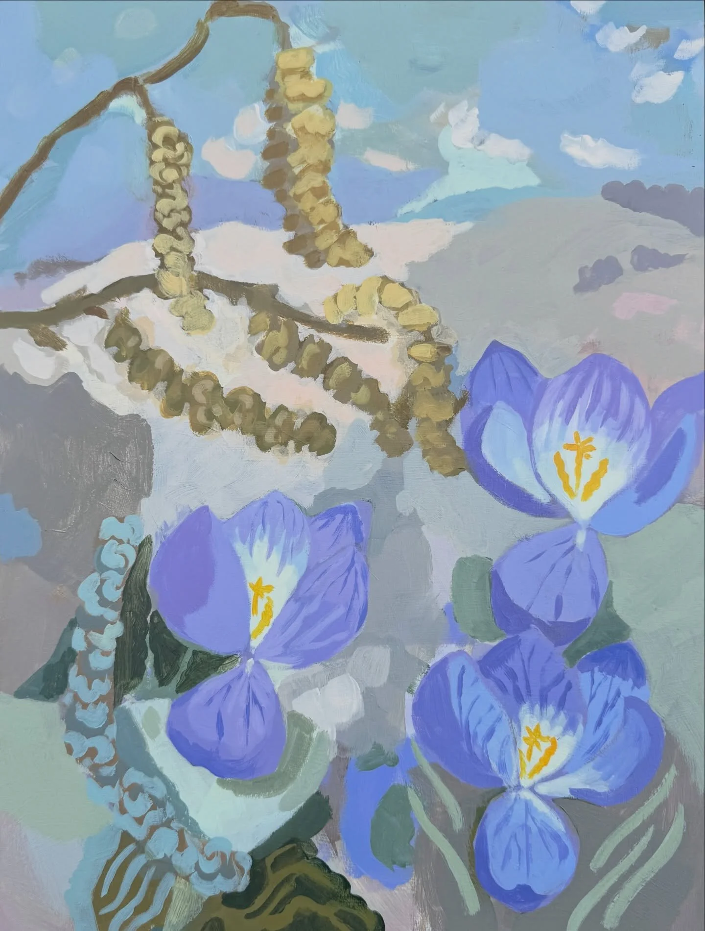 My new painting Crocus &amp; Catkins 40x30cm acrylic on wooden panel. The feeling of Spring, the clean air and growing light inspired these colour choices. The saffron stamens of the Crocus give me a jolt of happiness. Painting and planting seeds, sh
