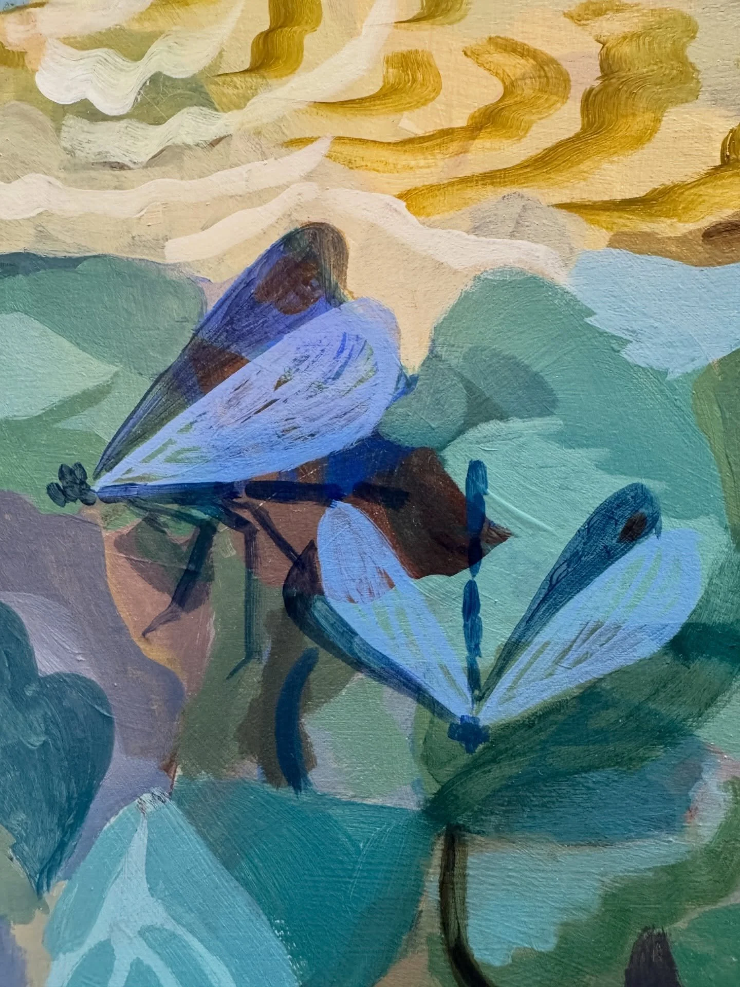 Damselflies appearing in my recent painting. Sometimes paintings take a longer time to evolve, this is one. 
I worry for the small creatures and tender leaves in this changing climate.

#lunanorthartist #devonpainter #exmoorlife #naturepainting #drag