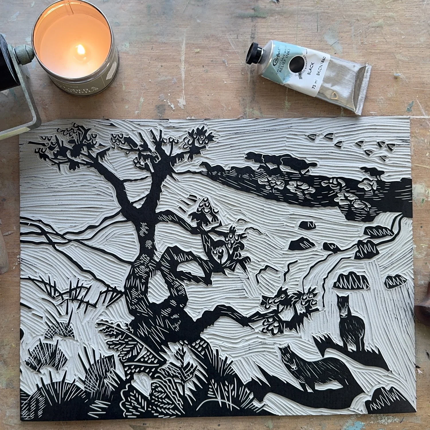 Linocut print, ponies & landscape