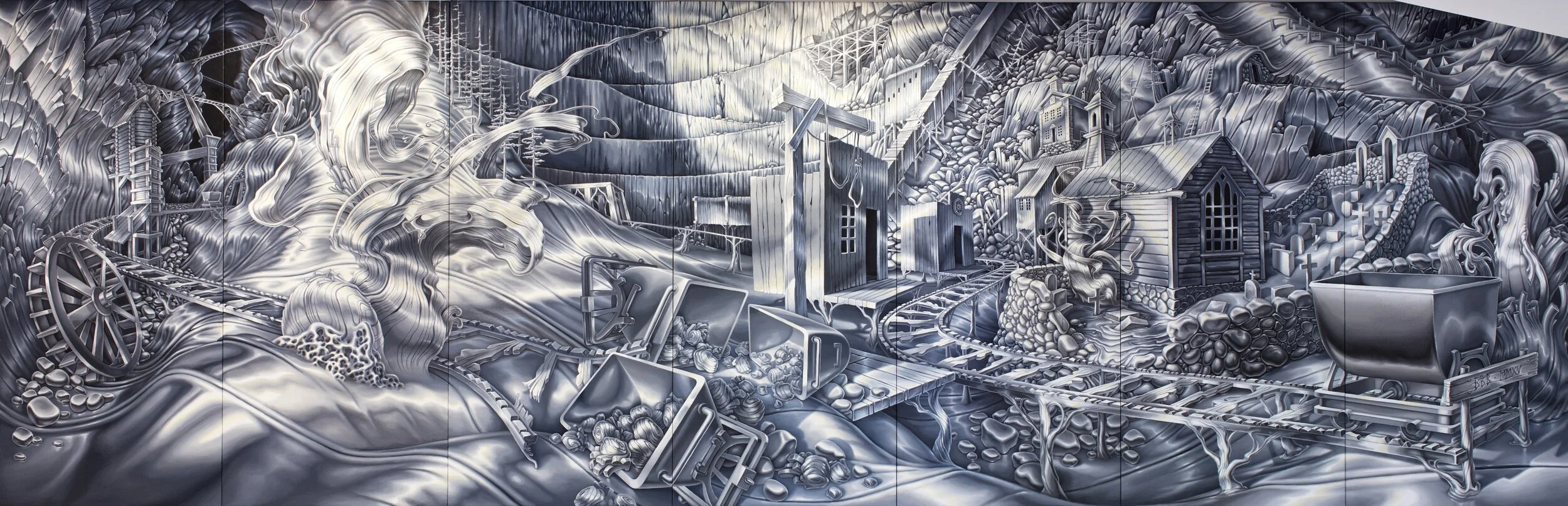   Native , 2015, 250x770cm, oil and modeling paste on canvas. Text from the country song  Sully’s Pail  by Tom Paxton.  Photo: Galleri Brandstrup 