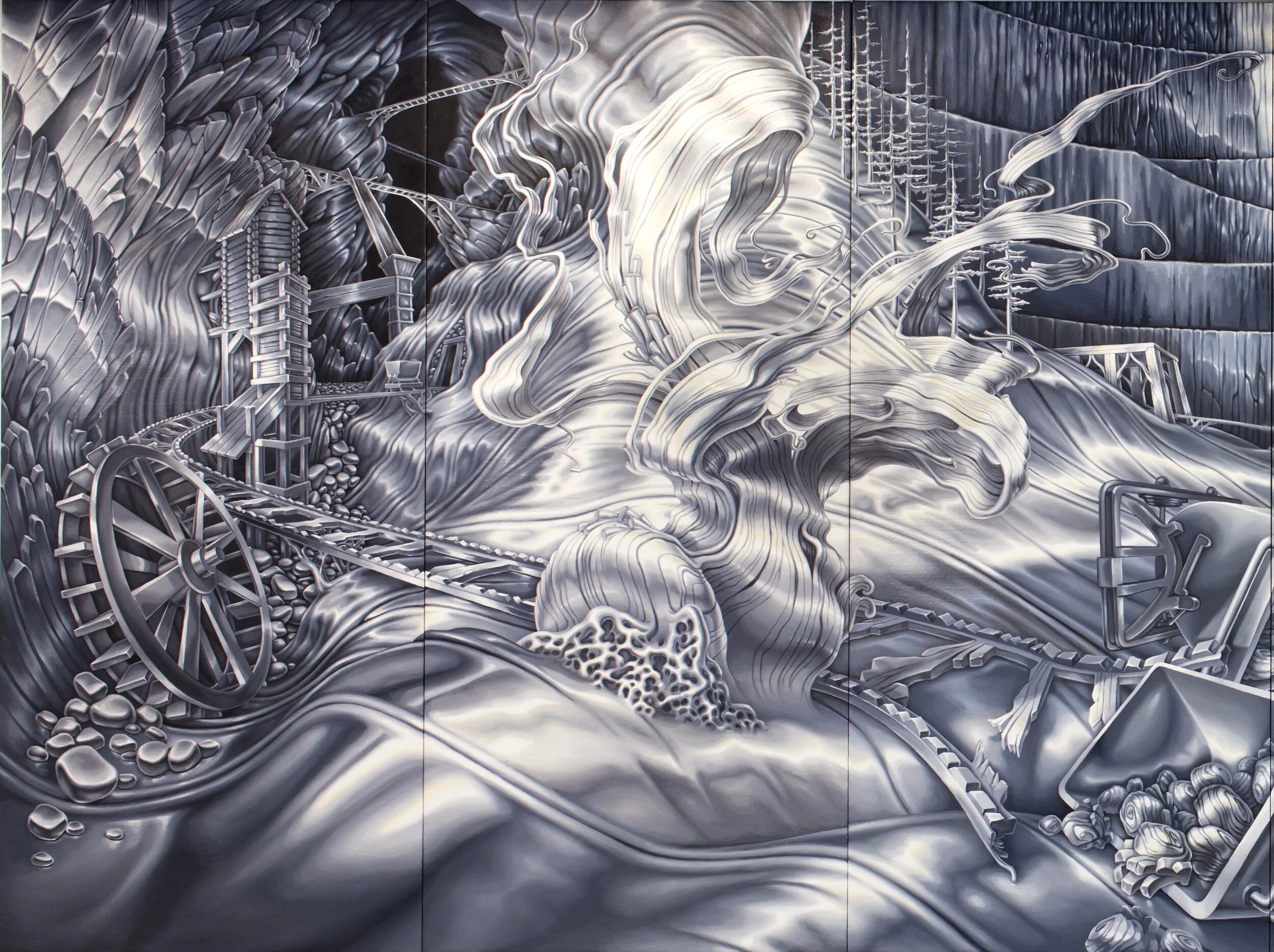   Native  (detail), 2015, 250x770cm, oil and modeling paste on canvas. Text from the country song  Sully’s Pail  by Tom Paxton.  Photo: Galleri Brandstrup 