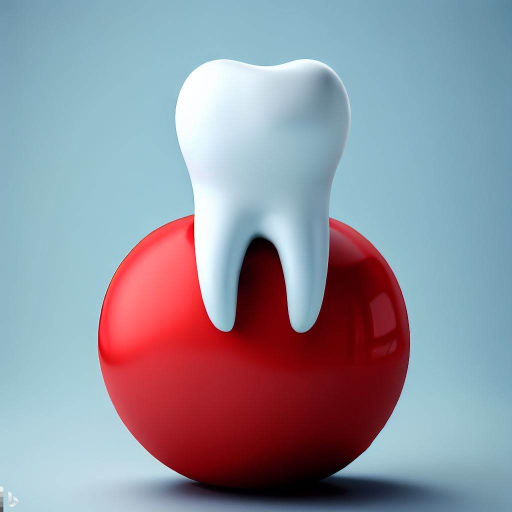 A red ball is placed in my mouth, it has one of my teeth stuck in it.