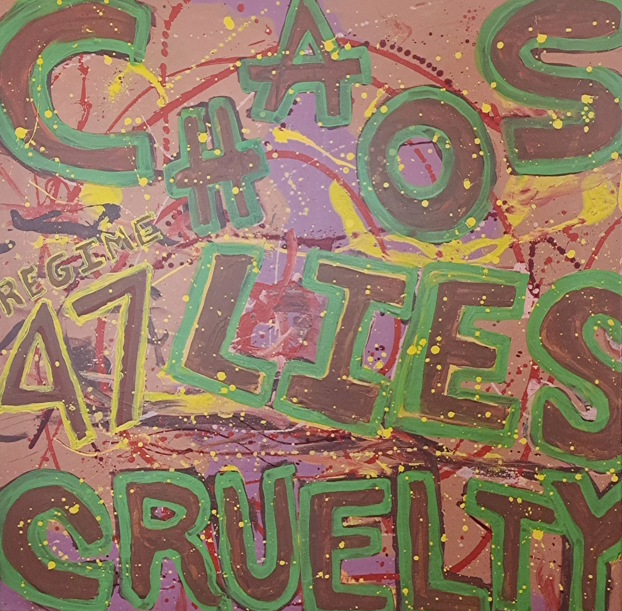 "Regime 47", 36"x36", acrylics, completed October of 2025, for a suggested purchase amount of $500