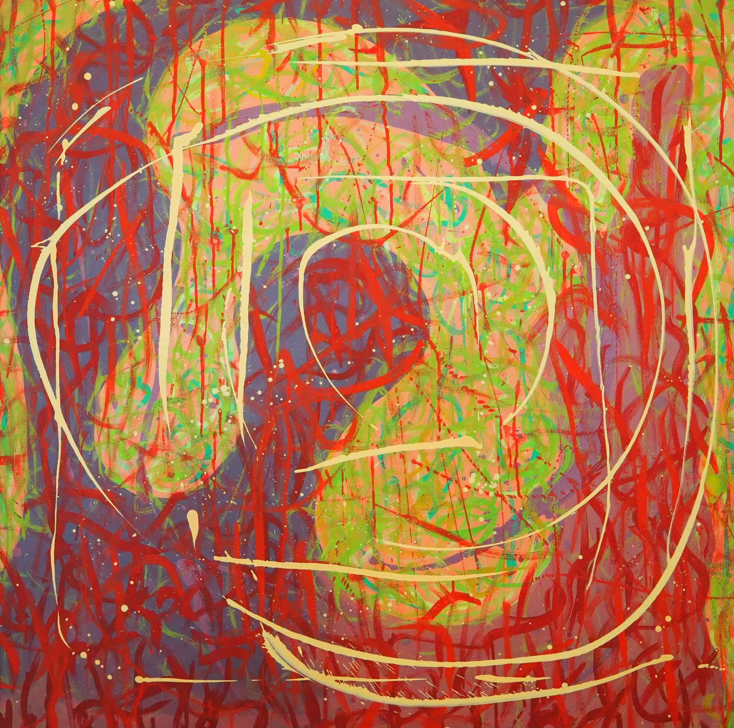 "Interlocking Puzzle, oils atop acrylics on canvas, 36"x36", completed July of 2023; for a suggested purchase amount of $350