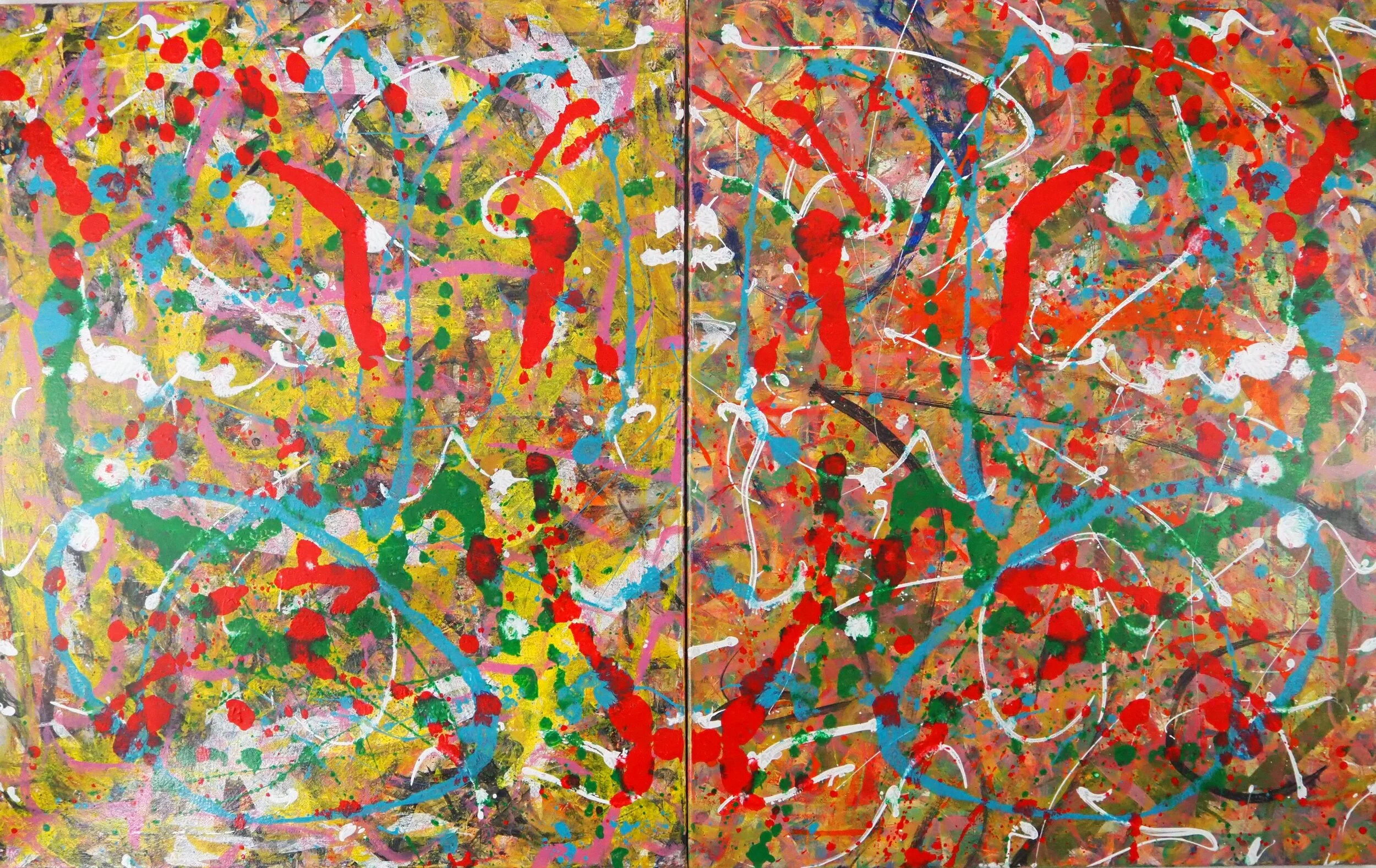 "Two Become One (diptych)", acrylics on canvas, two 24"x30" panels, 48"x30" overall (may be hung vertically or slightly separated if desired), November of 2020; for a suggested payment amount of $400