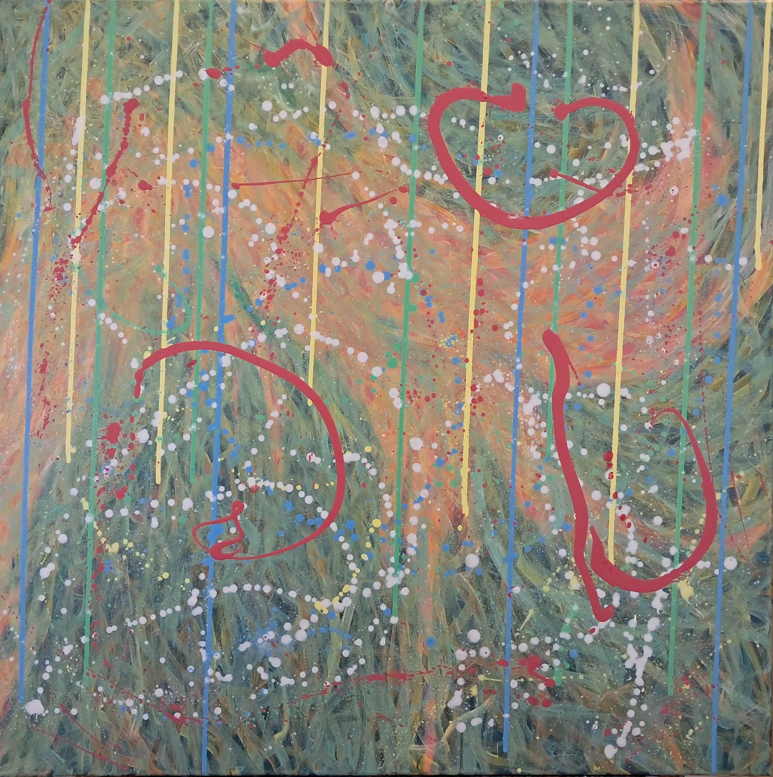 "Garden Sprites Cavort", 36"x36", oils atop acrylics, completed September of 2024, for a suggested purchase amount of $700