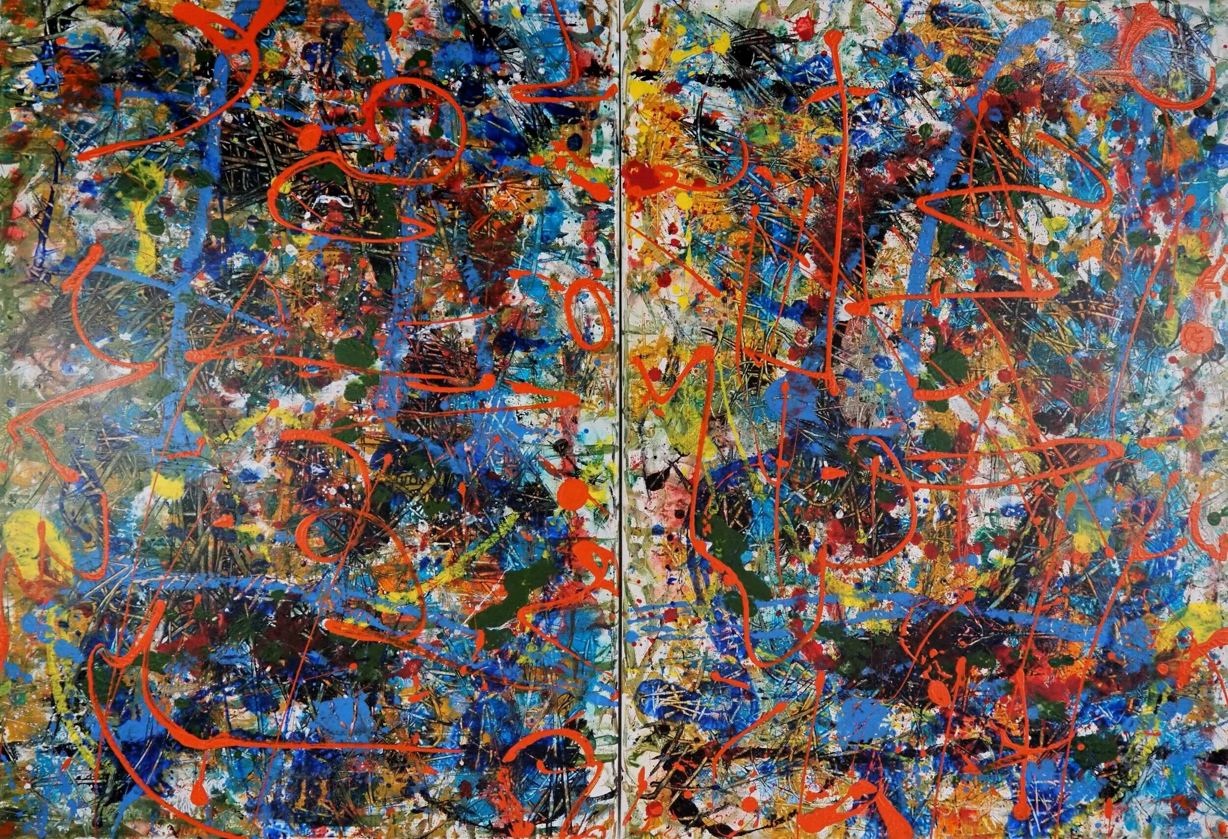 "Waters from Waters (diptych)", acrylics on stretched canvas, two 22"x30" panels, 44"x30" overall, November of 2020; for a suggested donation amount of $400