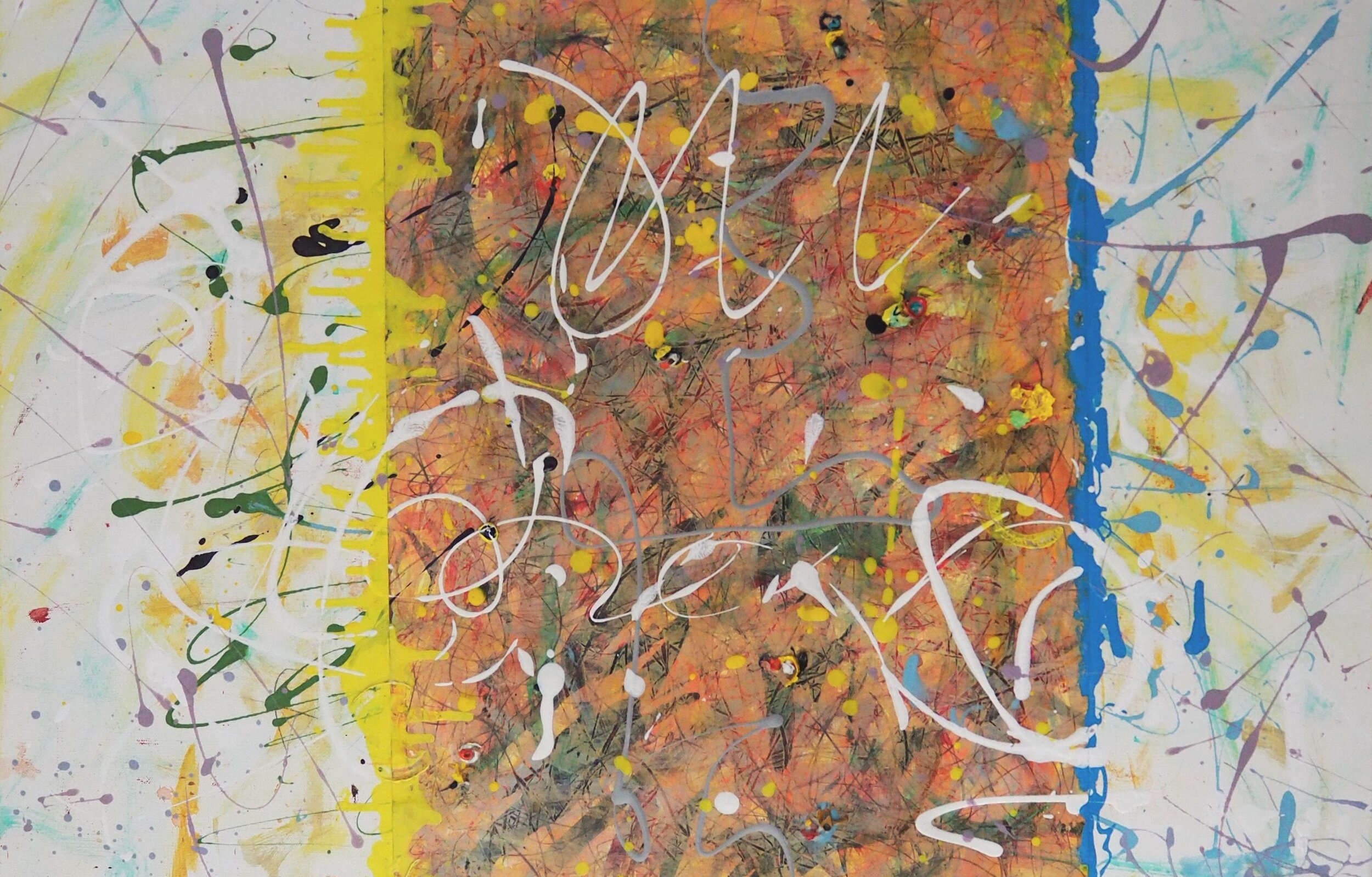 "Scribbles and Dribbles, #2", acrylics and graphite on paper (246#) and stretched canvas, 36"x24", November of 2020; for a suggested donation amount of $250