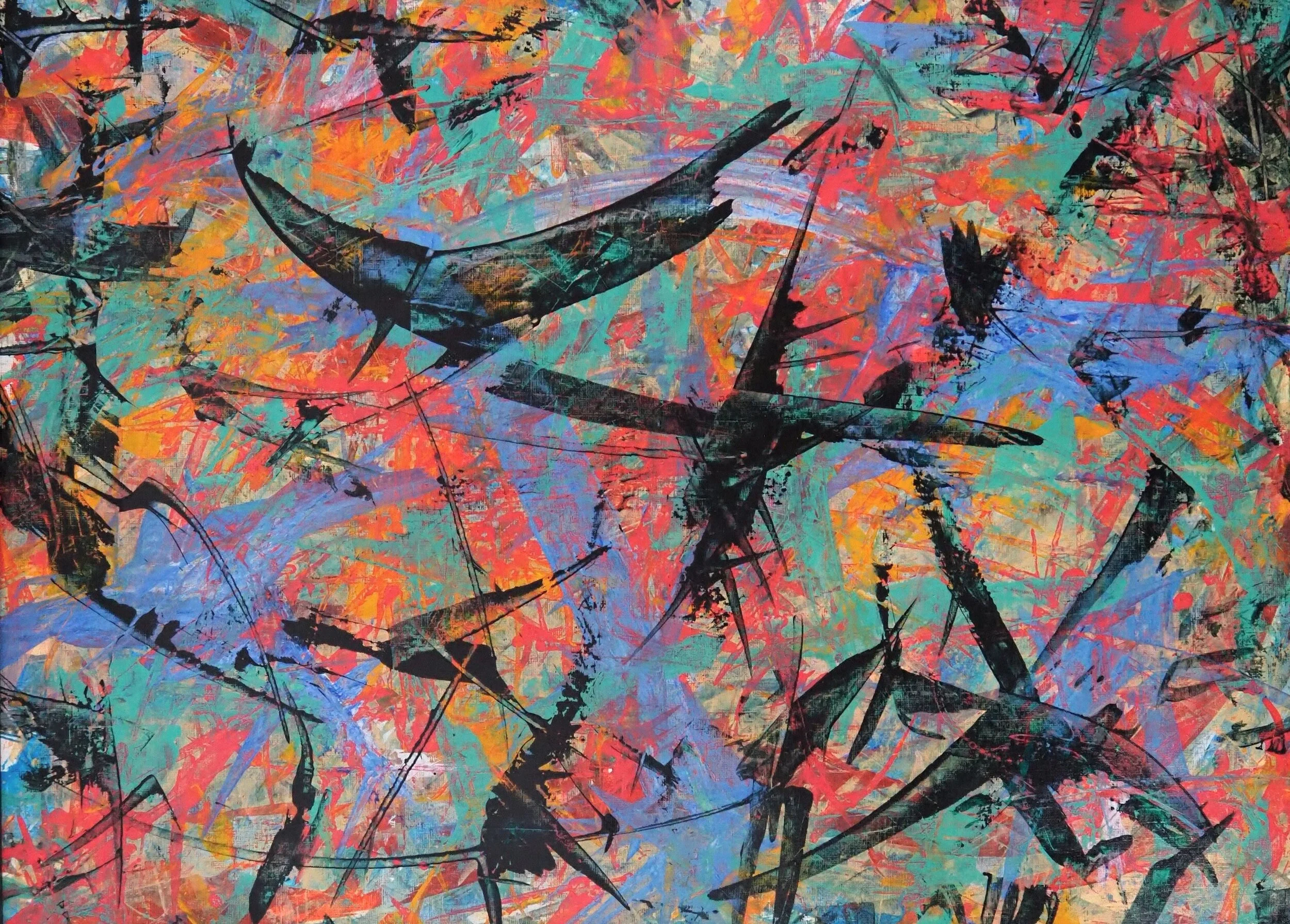 "Aerialists", acrylics on paper (246#), 24"x18", August of 2020; for a suggested payment amount of $100