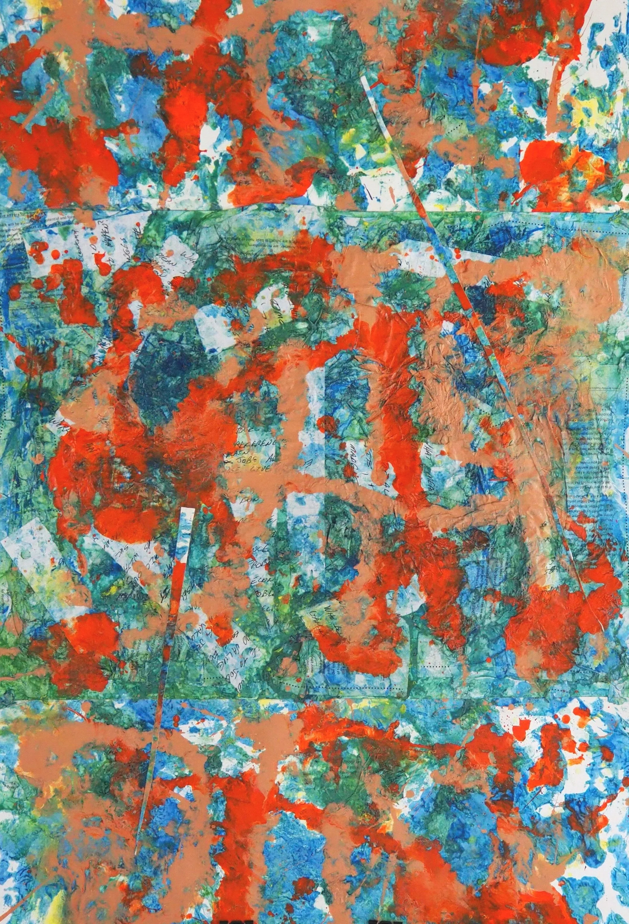 "Dealer Calls", acrylics and white glue with printed and handwritten text collaged on paper (93#), 24"x34", November of 2020; for a suggested payment amount of $150