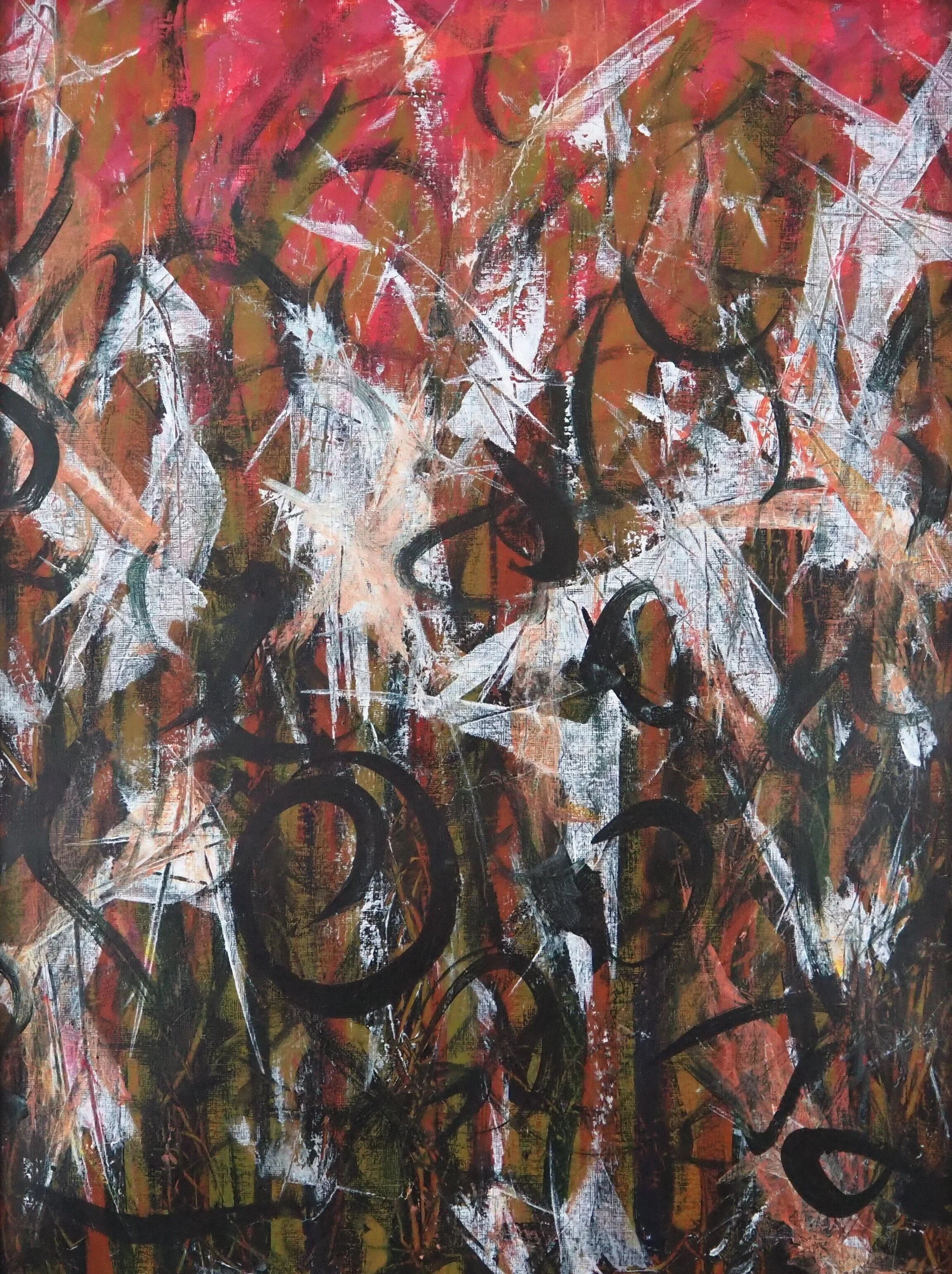 "The Mortician's Garden", acrylics on paper (246#), 18"x24", March of 2021; for a suggested payment amount of $120