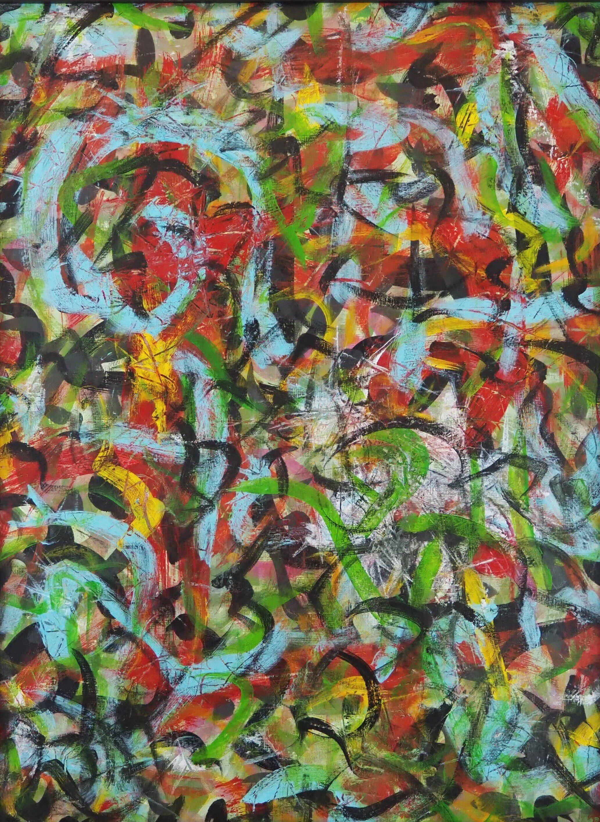 "Fiddleheads", acrylics on paper (246#), 18"x24", March of 2021; for a suggested payment amount of $100