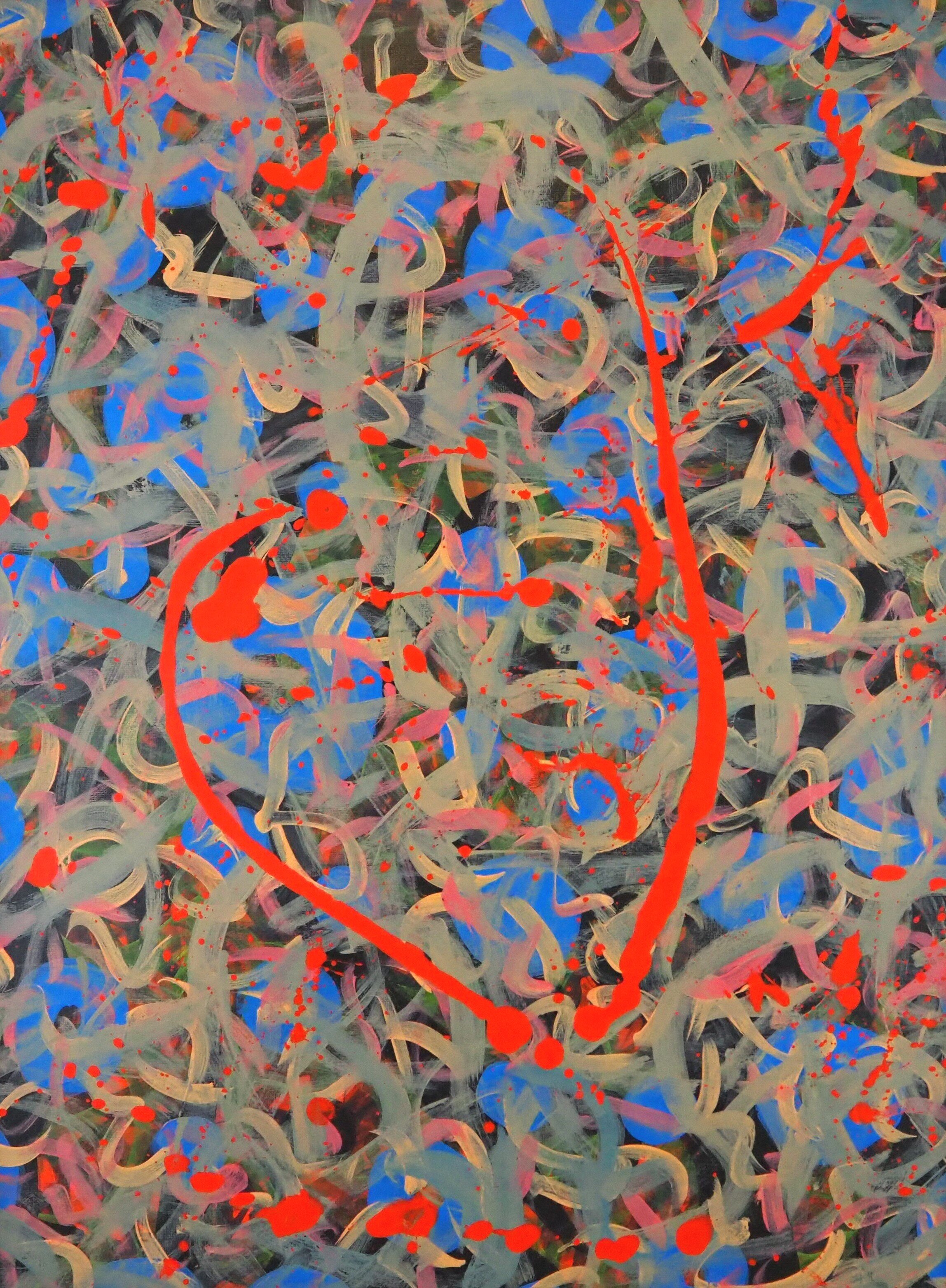 "Scarlet Blue Passion", acrylics on paper (246#), 18"x24", April 2021; for a suggested payment amount of $120
